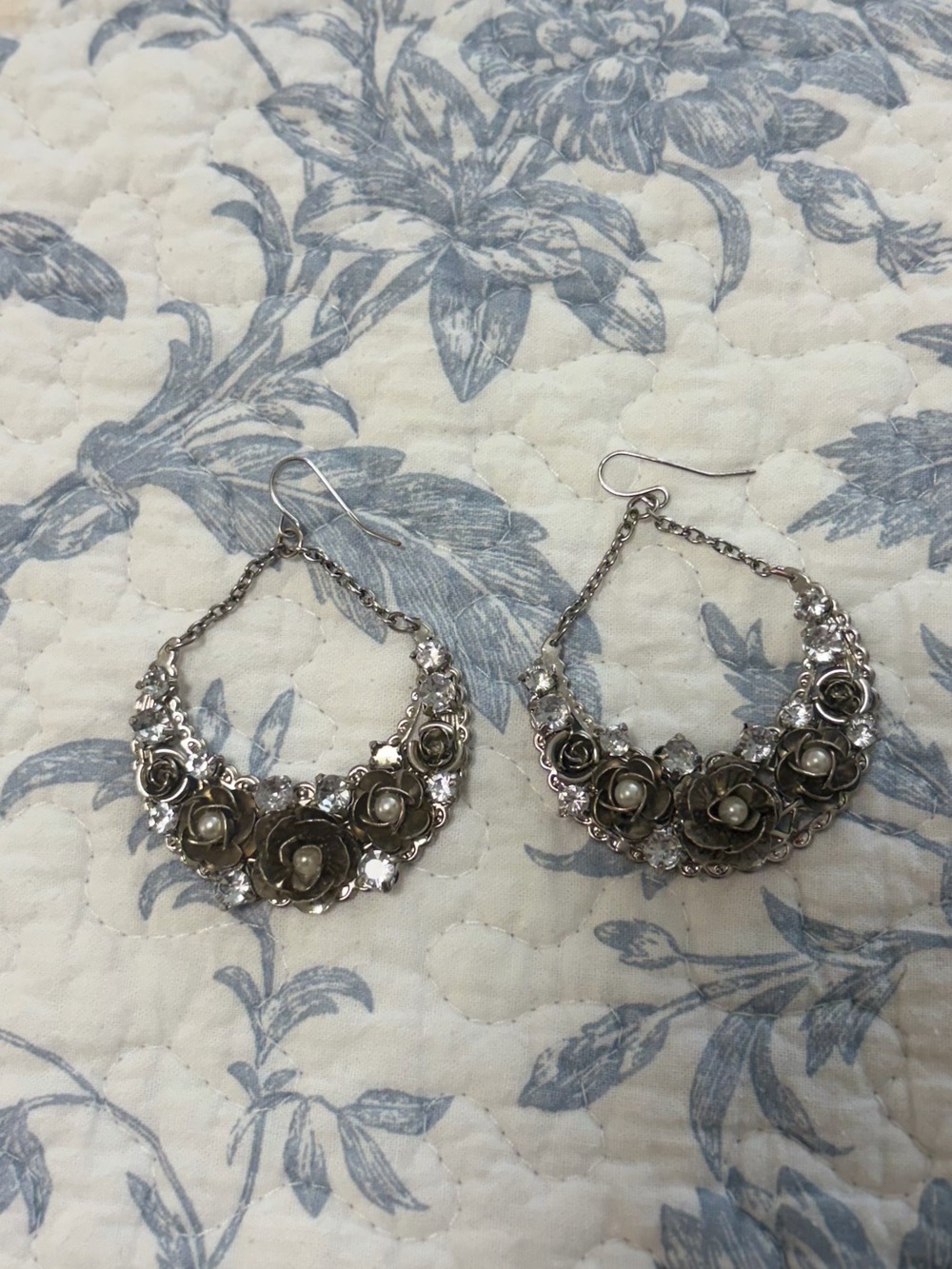 Floral Silver-Tone Hoop Earrings with Pearl Centers - Women Jewelry